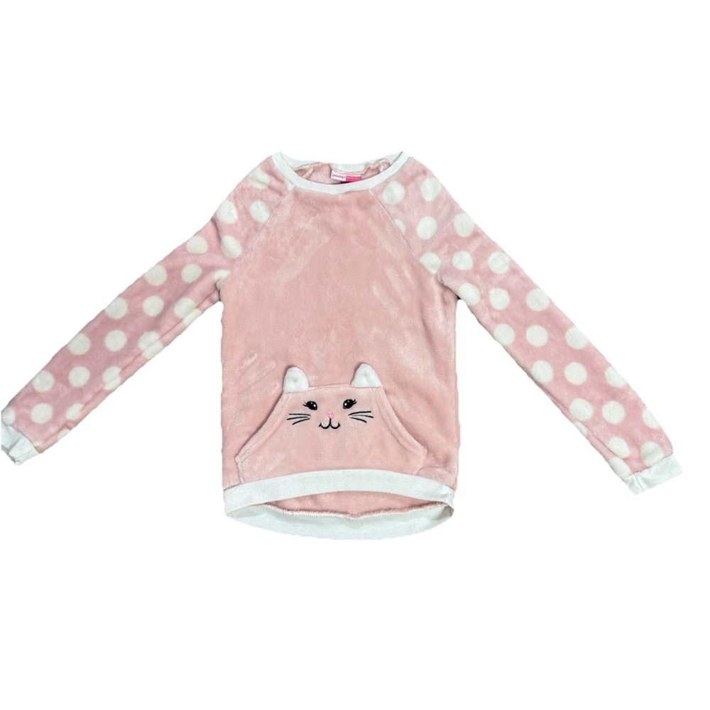 Girls Sz 12 Pink Plush Pullover Cat Sweatshirt By Penelope Mack Kangaroo Pocket